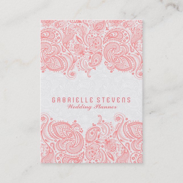 Elegant Pink & White Paisley Lace Wedding Planner Business Card (Front)