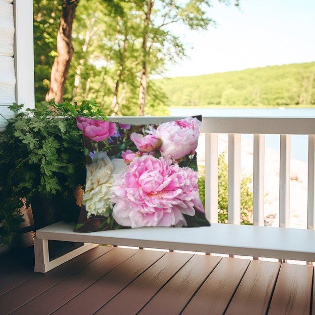 Elegant pink white peony floral garden photo cushion (Creator Uploaded)