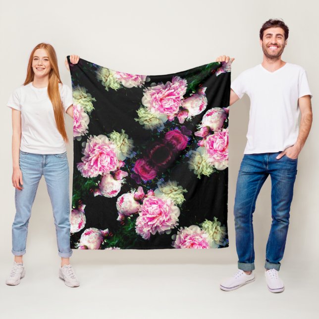 Elegant pink white peony floral garden photo fleece blanket (In Situ)