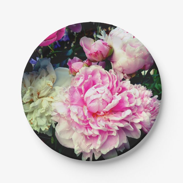 Elegant pink white peony floral garden photo paper plate (Front)