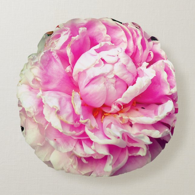 Elegant pink white peony floral garden photo round cushion (Front)
