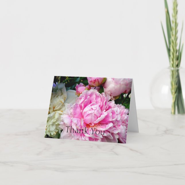Elegant pink white peony floral garden photo thank you card (Front)
