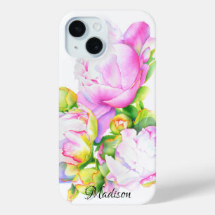 Elegant pink white peony floral watercolor iPhone 15 case