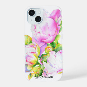 Elegant pink white peony floral watercolor iPhone 15 case