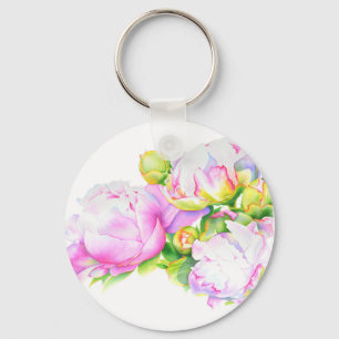 Elegant pink white peony floral watercolor key ring