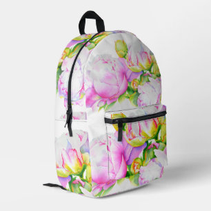 Elegant pink white peony floral watercolor printed backpack