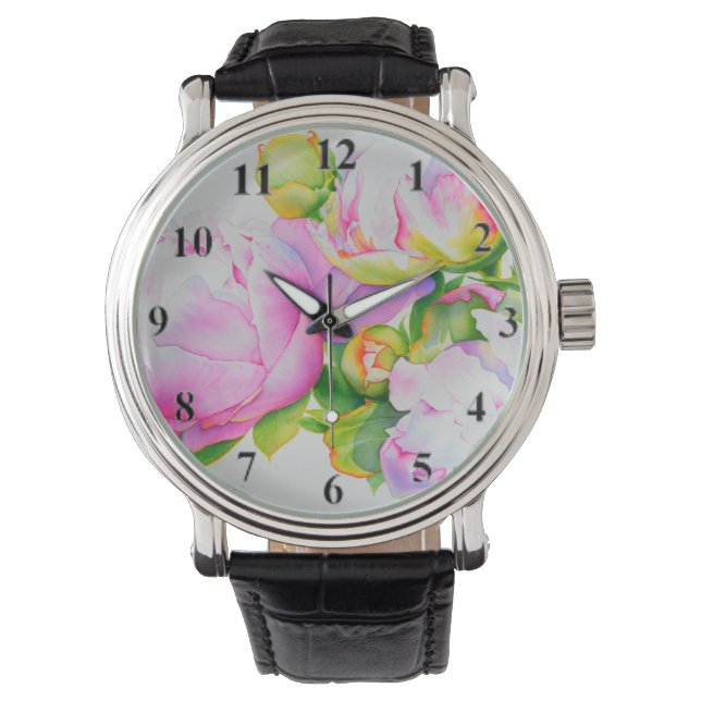 Elegant pink white peony floral watercolor watch (Front)