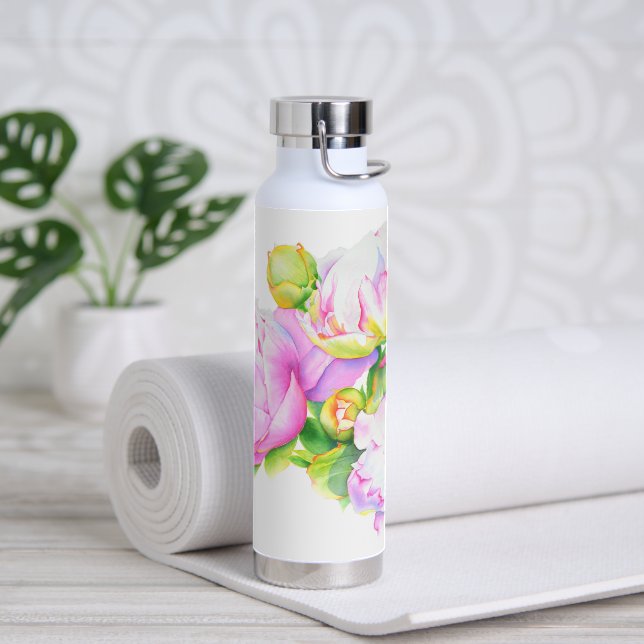 Elegant pink white peony floral watercolor water bottle (Yoga)