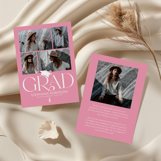 Elegant Pink & White Photo Collage Graduation Announcement (Creator Uploaded)