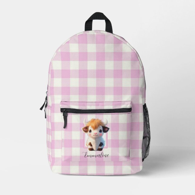 Elegant pink white plaid cute cow personalise  printed backpack (Front)