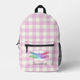 Elegant pink white plaid dragonfly personalise printed backpack