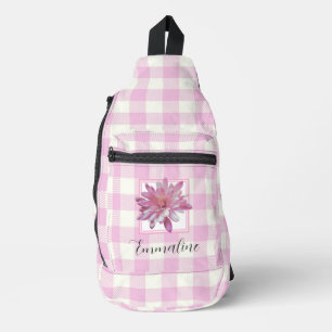 Elegant pink white plaid floral daisy personalise sling bag