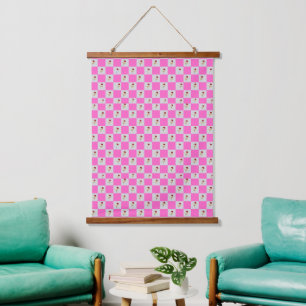 Elegant Pink & White Plaid Flower Pattern Hanging Tapestry