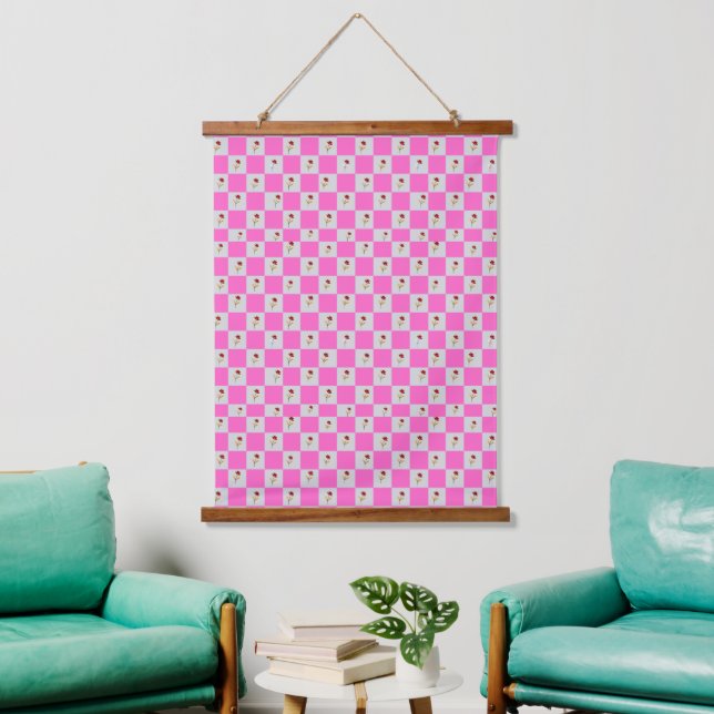 Elegant Pink & White Plaid  Flower Pattern Hanging Tapestry (Living Room)