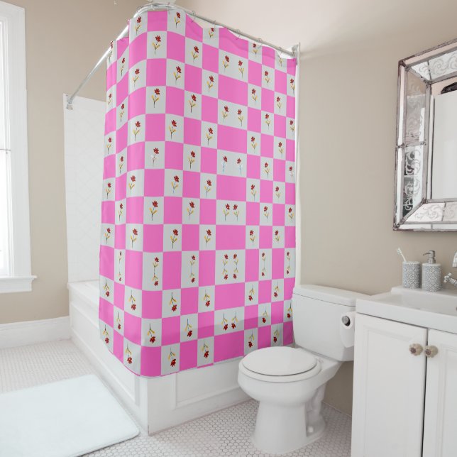 Elegant Pink & White Plaid Flower  Shower Curtain (In Situ)
