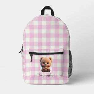 Elegant pink white plaid teddy bear personalise printed backpack