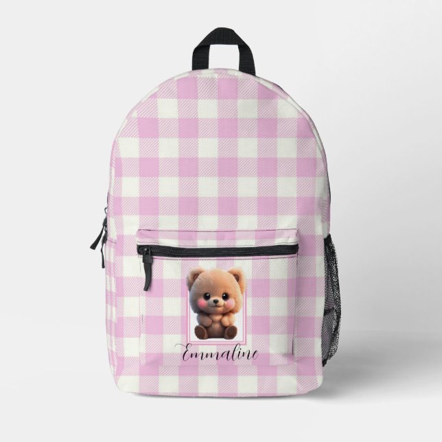 Elegant pink white plaid teddy bear personalise  printed backpack (Front)
