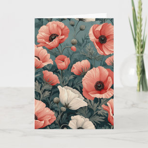 Elegant Pink White Red Poppies Dark Leaves Floral Card