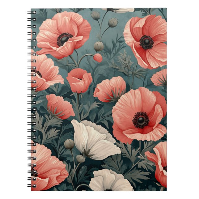 Elegant Pink White Red Poppies Dark Leaves Floral Notebook (Front)