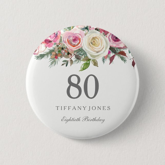 Elegant Pink White  Rose 80th Birthday Party 6 Cm Round Badge (Front)
