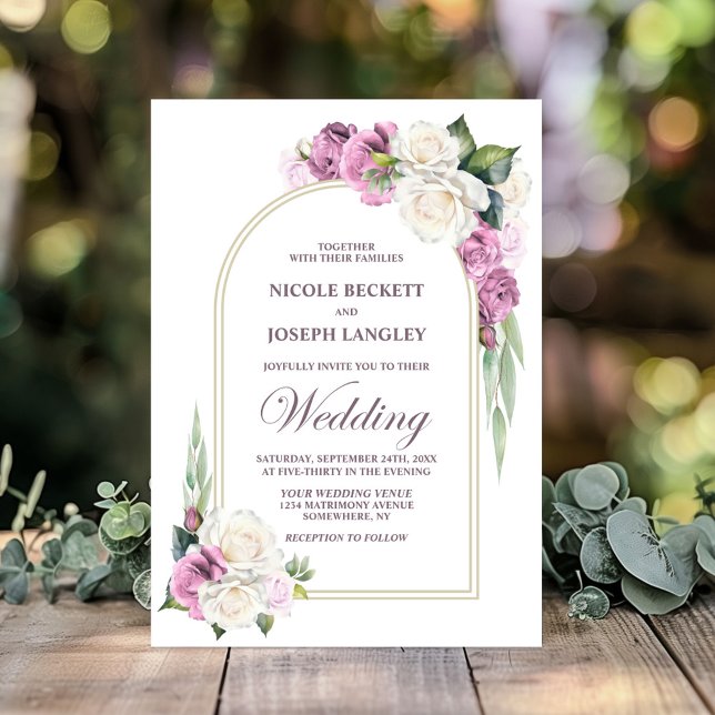 Elegant Pink White Rose Floral Arch Wedding Invitation (Creator Uploaded)