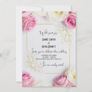 Elegant Pink & White Rose Wedding Invitation