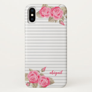 Elegant Pink & White Roses and Monogram Name iPhone X Case