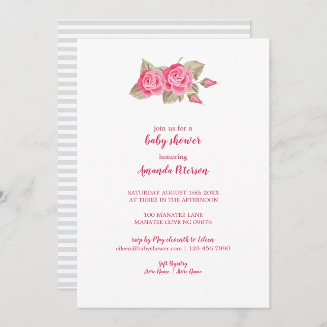 Elegant Pink & White Roses Baby Shower Invitation (Front/Back)
