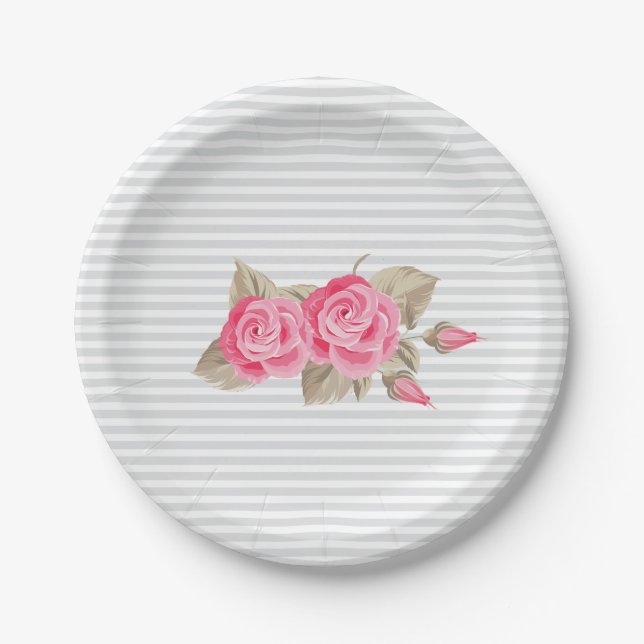 Elegant Pink & White Roses Baby Shower Paper Plate (Front)