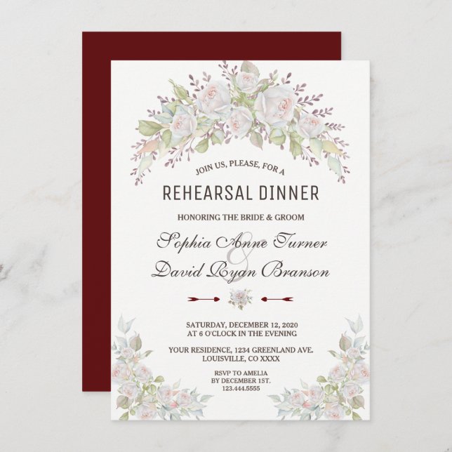 Elegant Pink White Roses Burgundy Rehearsal Dinner Invitation (Front/Back)