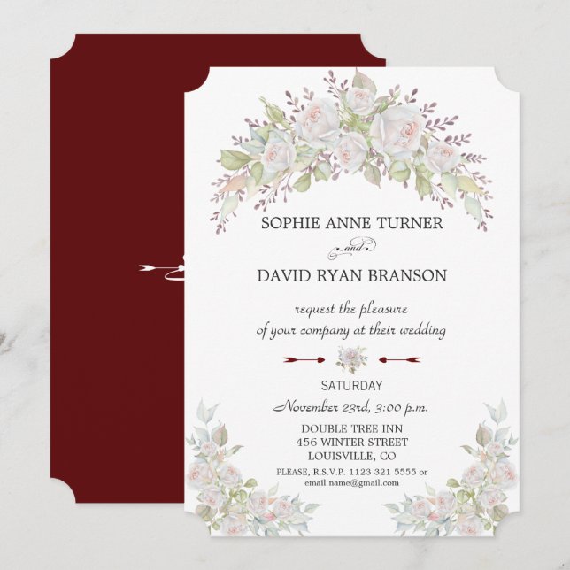 Elegant Pink White Roses Burgundy Wedding Invitation (Front/Back)