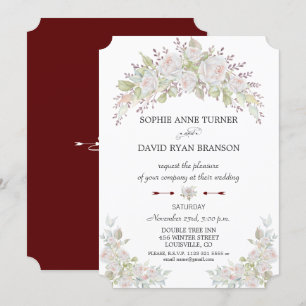 Elegant Pink White Roses Burgundy Wedding Invitation