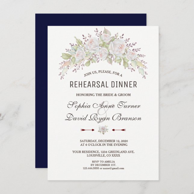 Elegant Pink White Roses Navy Rehearsal Dinner Invitation (Front/Back)