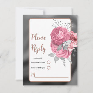 Elegant Pink, White Roses Silver Foil Enclosure RSVP Card