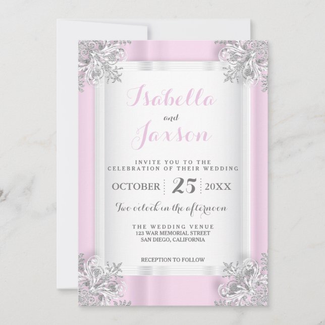 Elegant Pink & White Satin with Silver Ornate Invitation (Front)