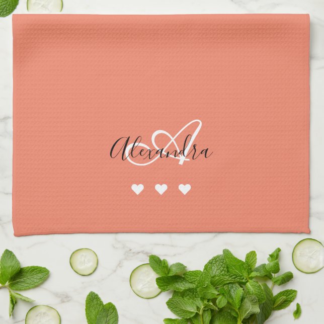 Elegant Pink White Script Name Monogram  Tea Towel (Folded)