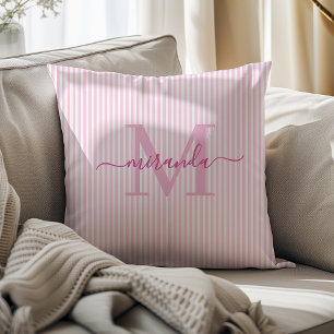 Elegant Pink & White Stripes Monogram Name Cushion