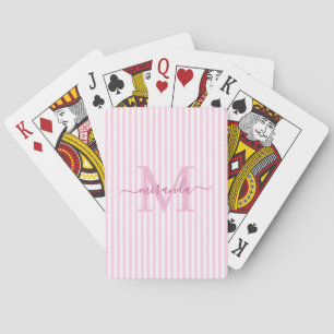Elegant Pink & White Stripes Monogram Name Playing Cards