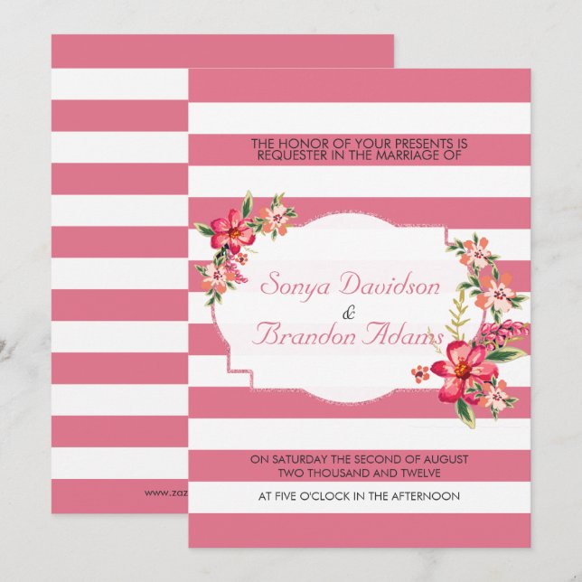 Elegant Pink & White Stripes With Bouquet Wedding Invitation (Front/Back)