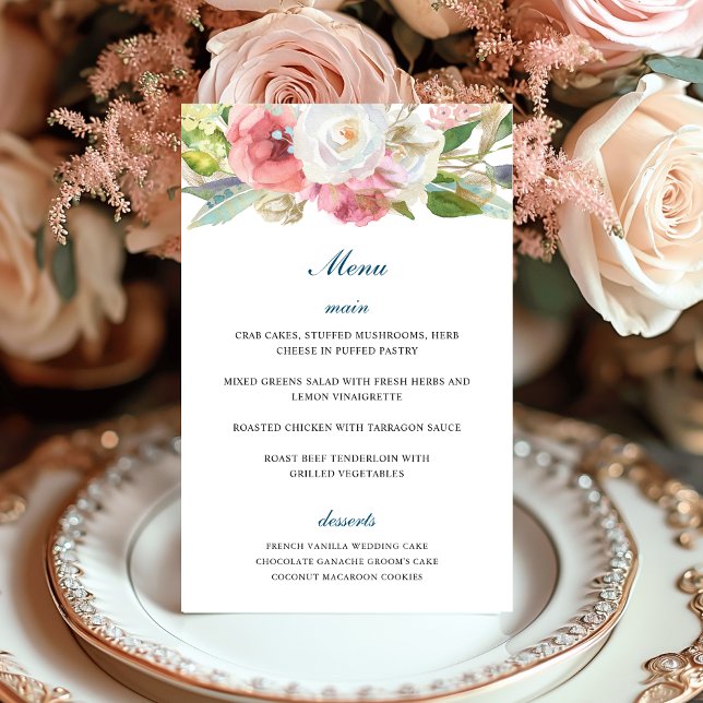 Elegant Pink White Teal Garden Floral Wedding Menu (Creator Uploaded)