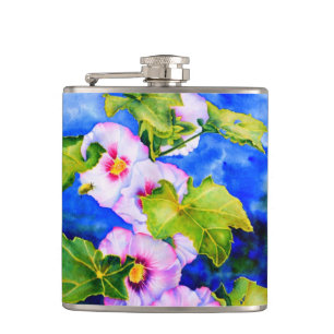 Elegant pink white watercolor floral garden hip flask