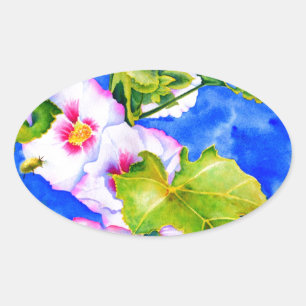 Elegant pink white watercolor floral garden oval sticker
