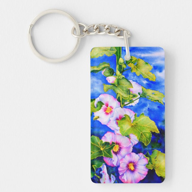 Elegant pink white watercolor florals hollyhocks key ring (Front)