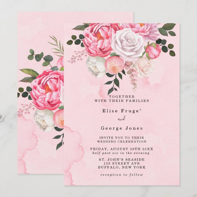 Elegant Pink White Watercolor Florals Wedding Invitation (Front/Back)