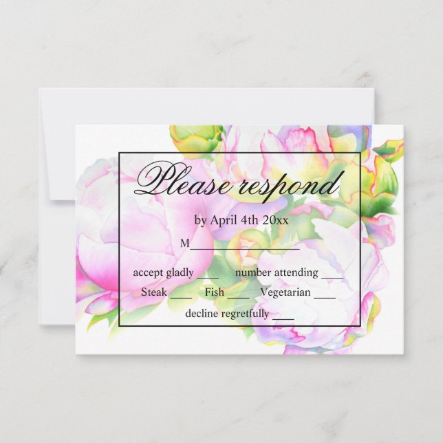 Elegant pink white watercolor peonies RSVP CARDS (Front)