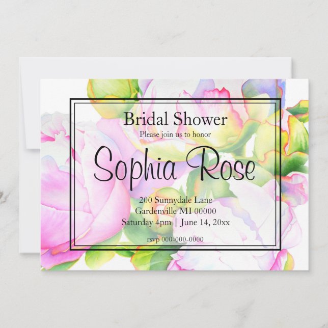 Elegant pink white watercolor peony Bridal Shower Invitation (Front)