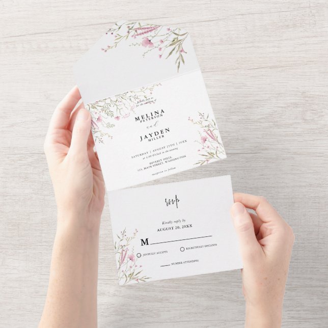 Elegant Pink Wild Floral Wedding  All In One Invitation (Tearaway)