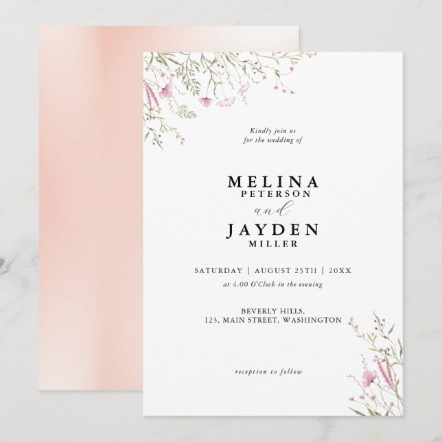 Elegant Pink Wild Floral Wedding Invitation (Front/Back)