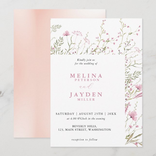 Elegant Pink Wild Floral Wedding  Invitation (Front/Back)