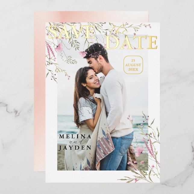 Elegant Pink Wild Floral Wedding Save The Date (Front/Back)